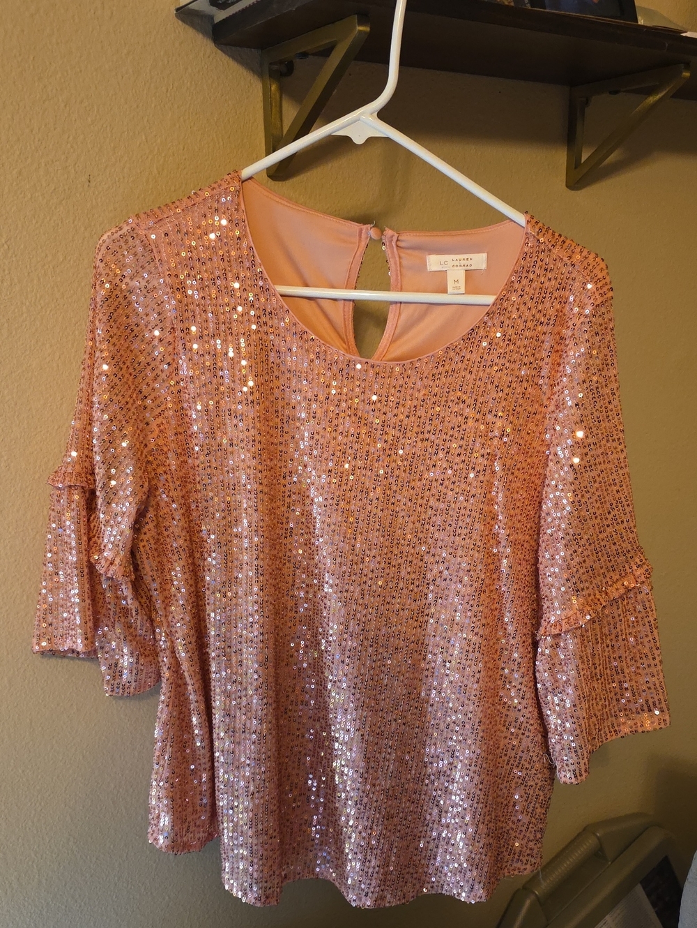 Sparkly pink sequined short sleeve blouse